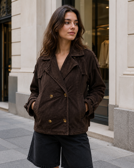 Women’s Cropped Sheep Suede Leather Trench Jacket