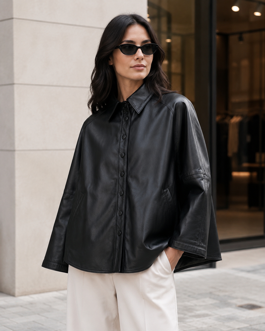 Women’s Leather Cape Jacket with Snap Button Front