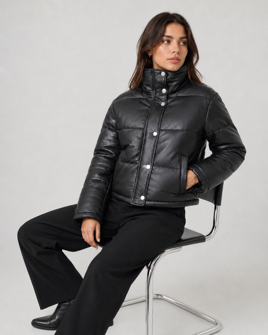 Women’s Leather Puffer Jacket with High Stand Collar - image 2