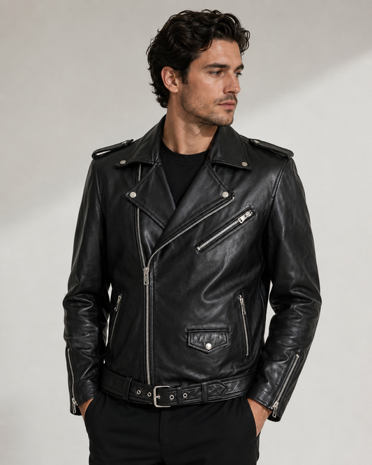 Men’s Sheep Nappa Leather Biker Jacket with Belt