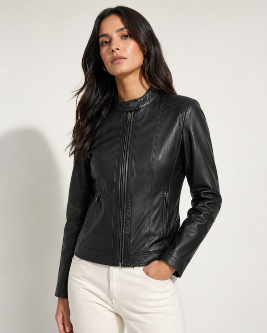 Women’s Classic Zip-Up Leather Jacket with Stand Collar