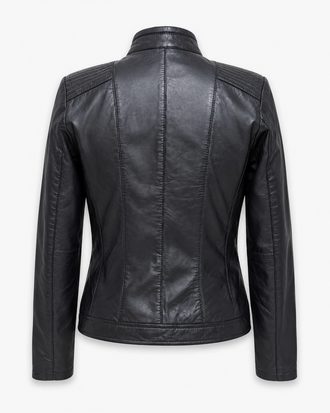 Women’s Classic Zip-Up Leather Jacket with Stand Collar