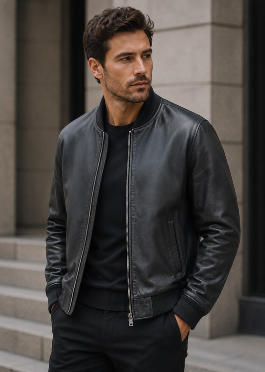 Men’s Black Sheep Nappa Leather Bomber Jacket with Ribbed Trims