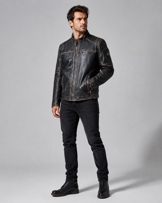 Men’s Distressed Black Leather Biker Jacket