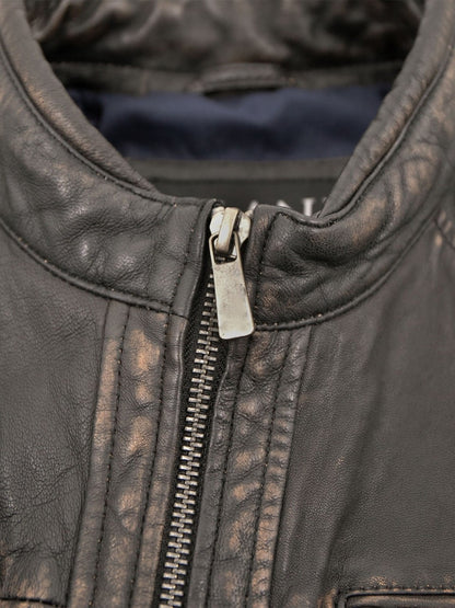 Men's Vintage Leather Racer Jacket with Chest Pockets – Black
