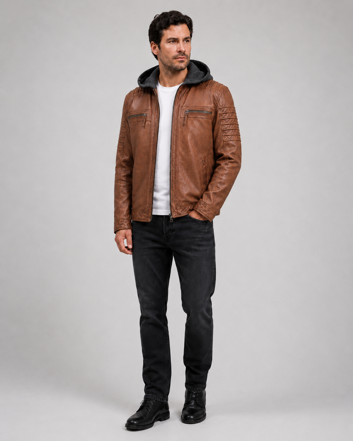 Men’s Washed Sheep Leather Hooded Racer Jacket
