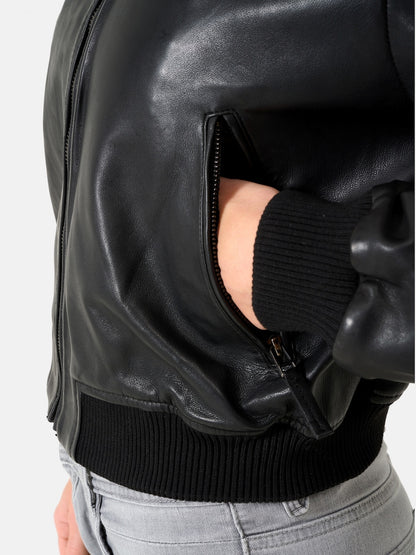 Women's Leather Bomber Jacket – Black Cropped Zip Front