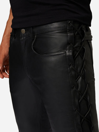 Men's Waxed Cow Leather Pants – Slim Straight-Leg Black