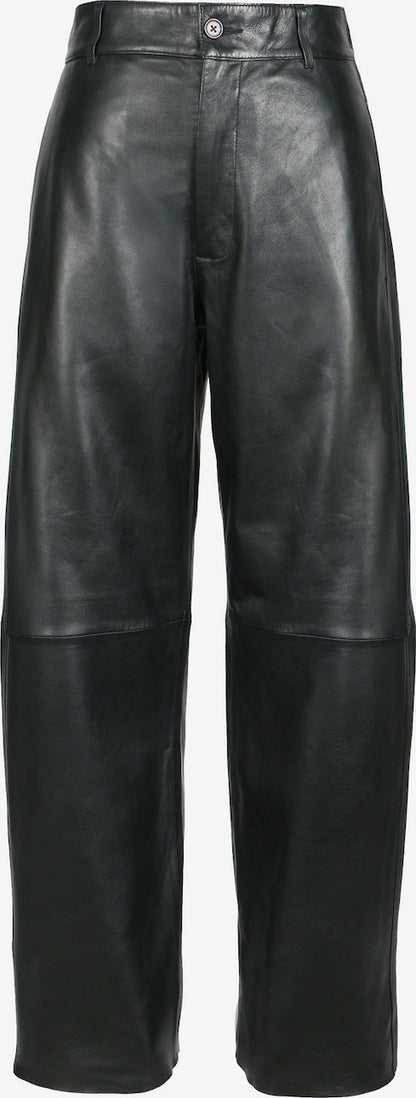 Women's Black Leather Wide-Leg Pants – Side-Pocket Style