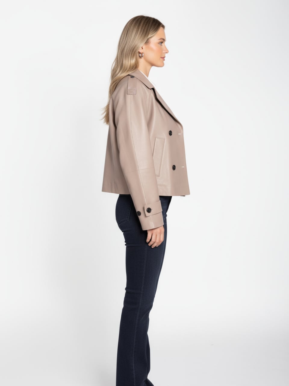 Women's Leather Cropped Peacoat – Black, Beige or Olive Double-Breasted