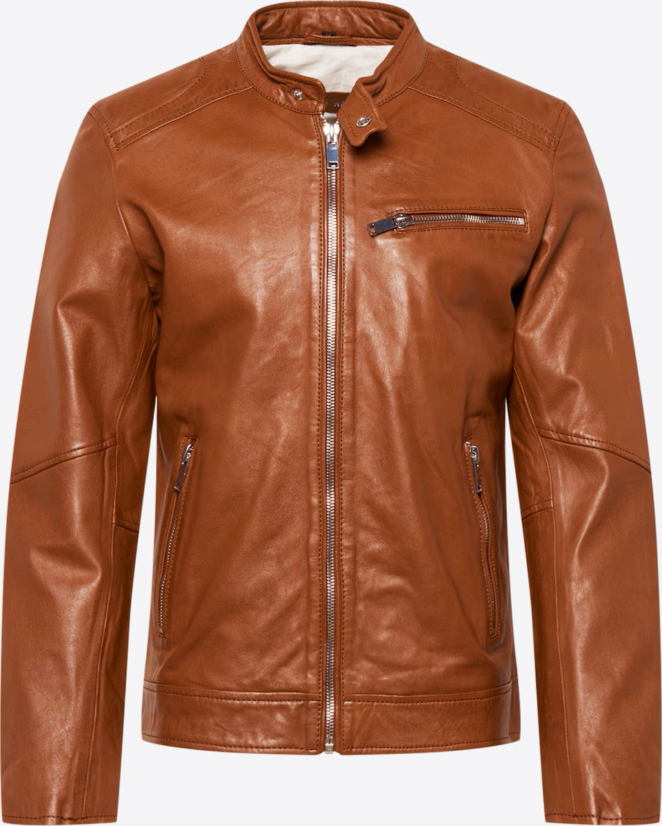 Men's Leather Cafe Racer Jacket – Black or Cognac Minimal Biker