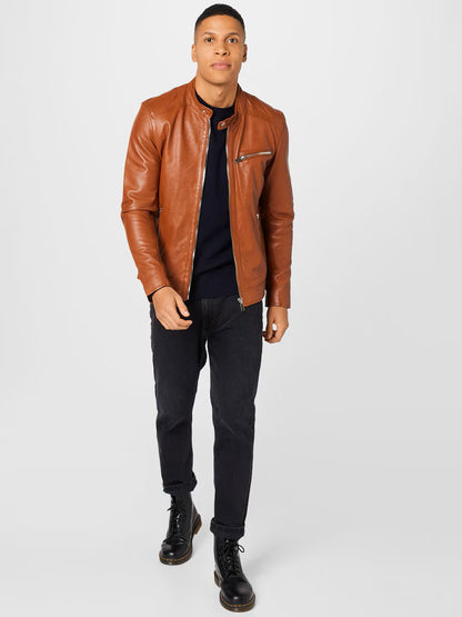 Men's Leather Cafe Racer Jacket – Black or Cognac Minimal Biker