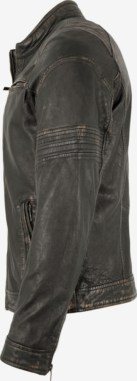 Men's Vintage Leather Racer Jacket with Chest Pockets – Black