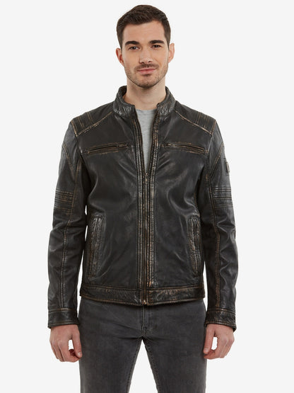 Men's Vintage Leather Racer Jacket with Chest Pockets – Black