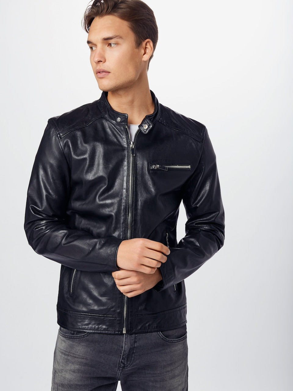 Men's Leather Cafe Racer Jacket – Black or Cognac Minimal Biker