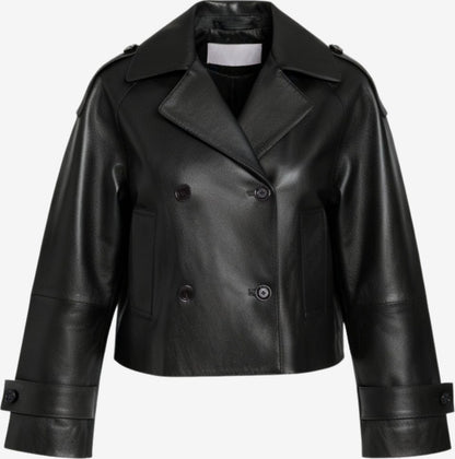 Women's Leather Cropped Peacoat – Black, Beige or Olive Double-Breasted
