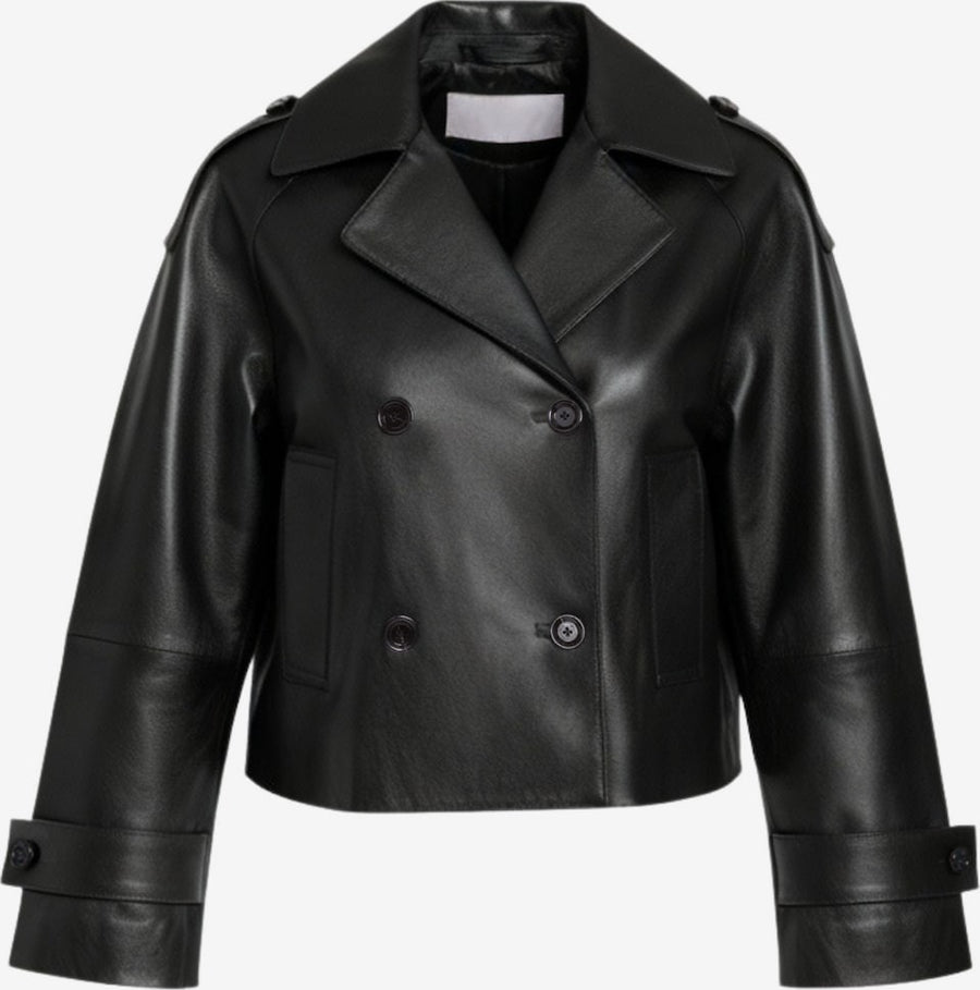 Women's Leather Cropped Peacoat – Black, Beige or Olive Double-Breasted