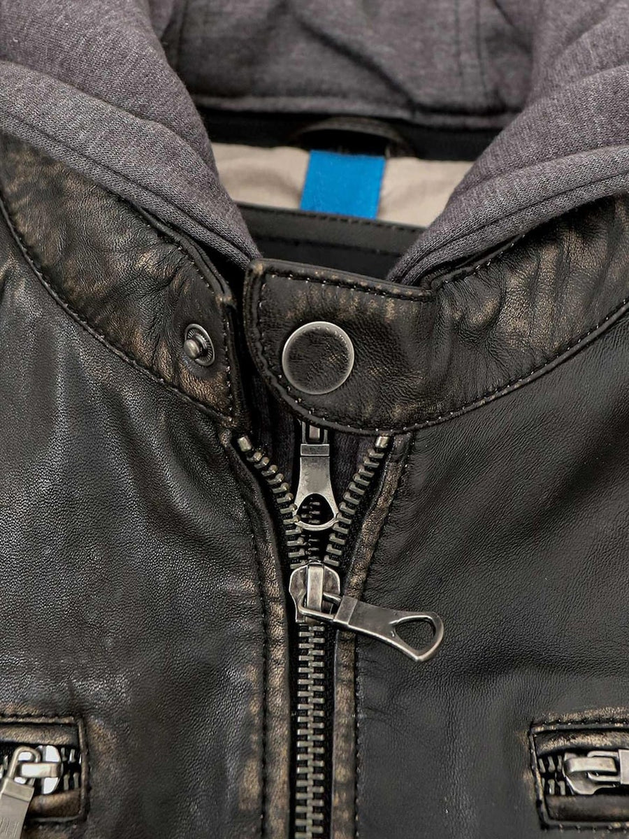 Men's Vintage Lamb Leather Jacket with Hooded Insert – Black