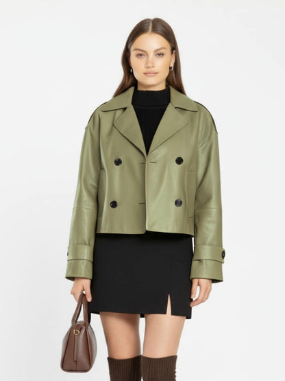 Women's Leather Cropped Peacoat – Black, Beige or Olive Double-Breasted