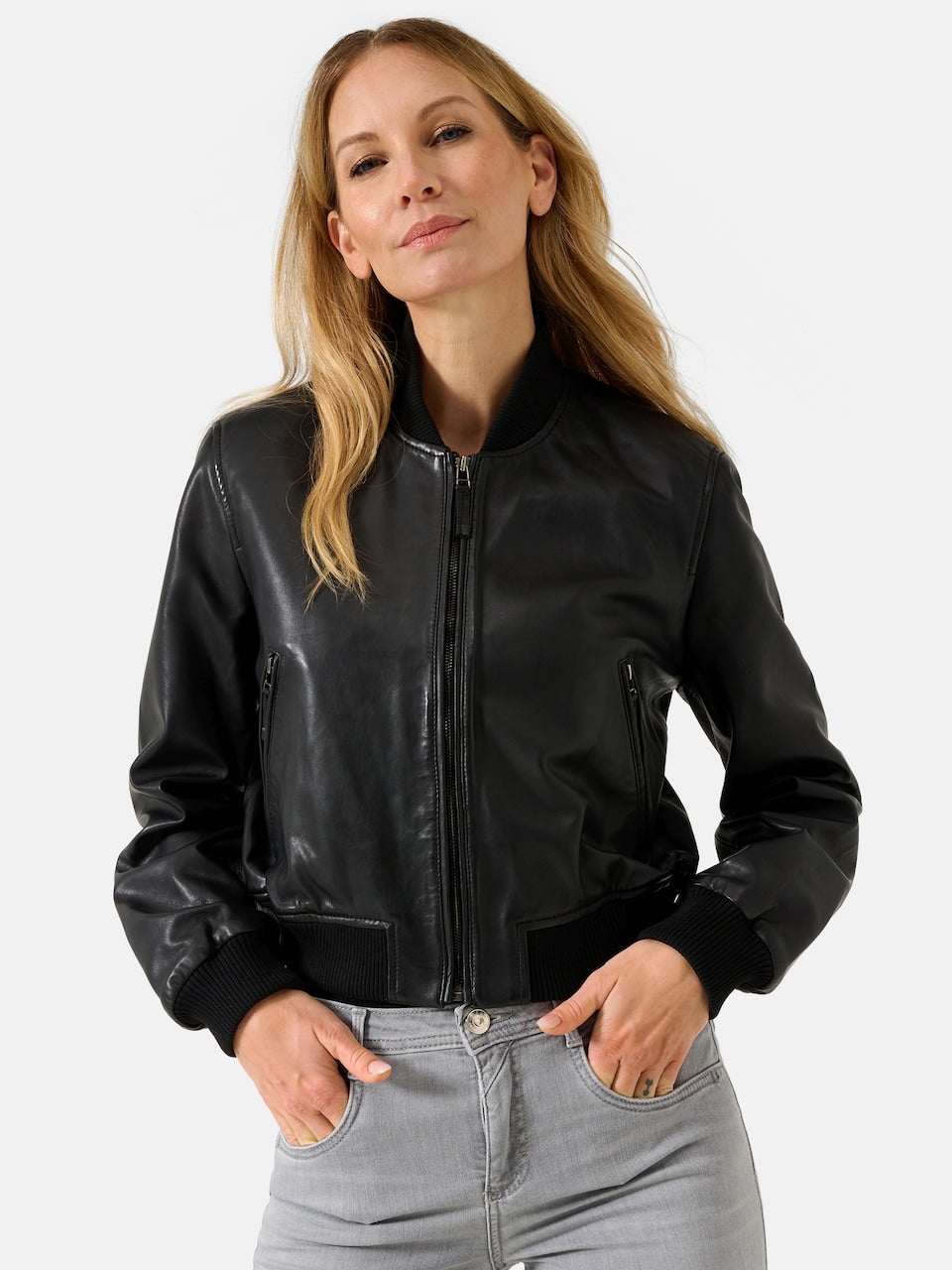 Women's Leather Bomber Jacket – Black Cropped Zip Front