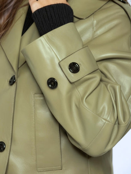 Women's Leather Cropped Peacoat – Black, Beige or Olive Double-Breasted