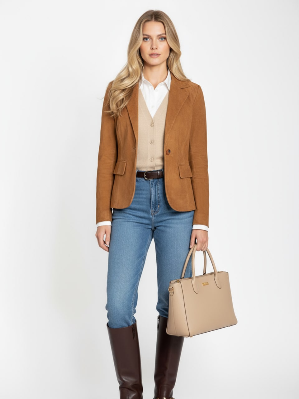 Women's Leather Blazer Jacket – Tailored Cognac Single Button
