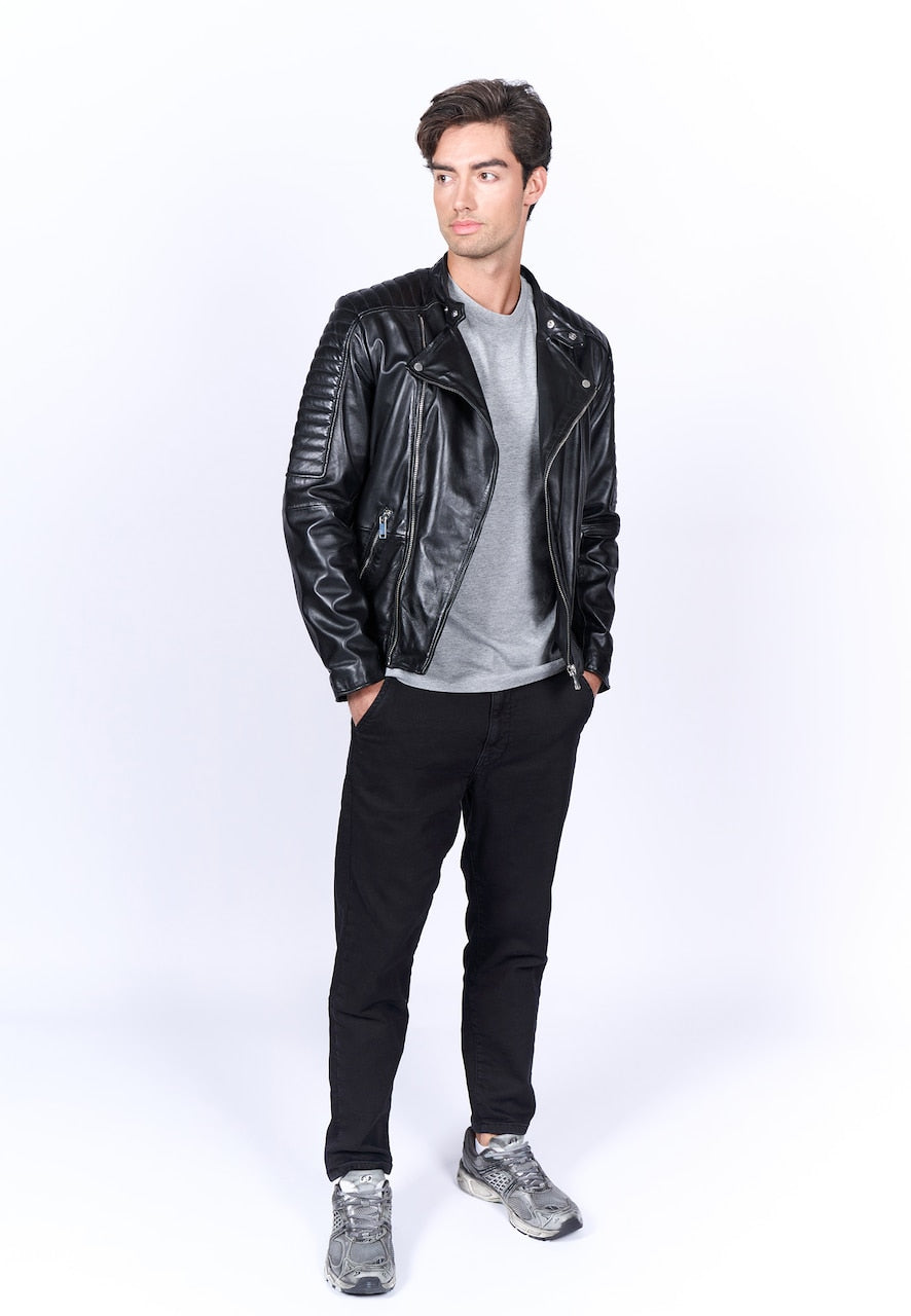 Men's Asymmetric Leather Biker Jacket – Black Quilted Perfecto