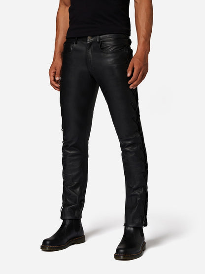 Men's Waxed Cow Leather Pants – Slim Straight-Leg Black