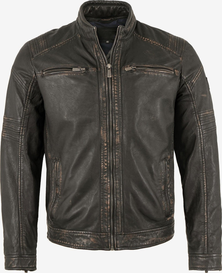 Men's Vintage Leather Racer Jacket with Chest Pockets – Black