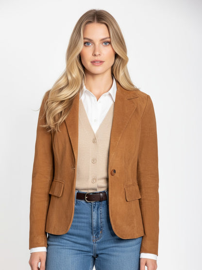 Women's Leather Blazer Jacket – Tailored Cognac Single Button