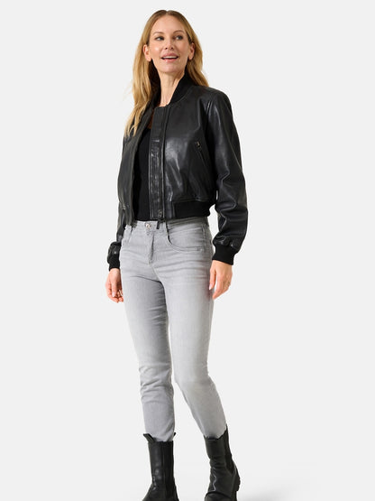 Women's Leather Bomber Jacket – Black Cropped Zip Front