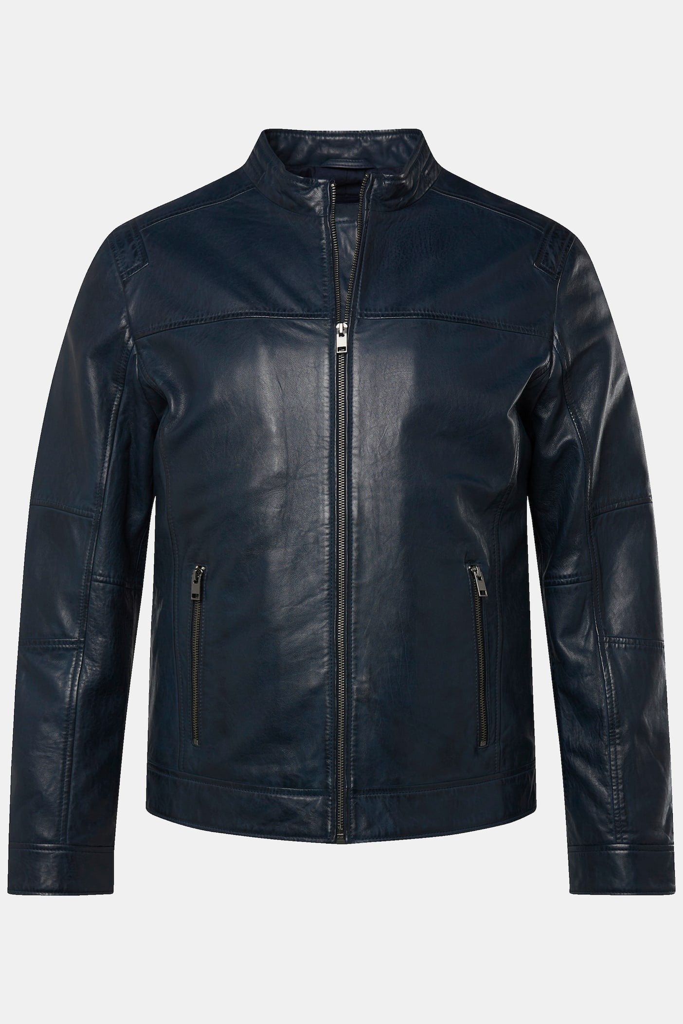 Men's Lamb Nappa Leather Jacket – Real Leather Distressed Navy Stand Collar Jacket (L–7XL)