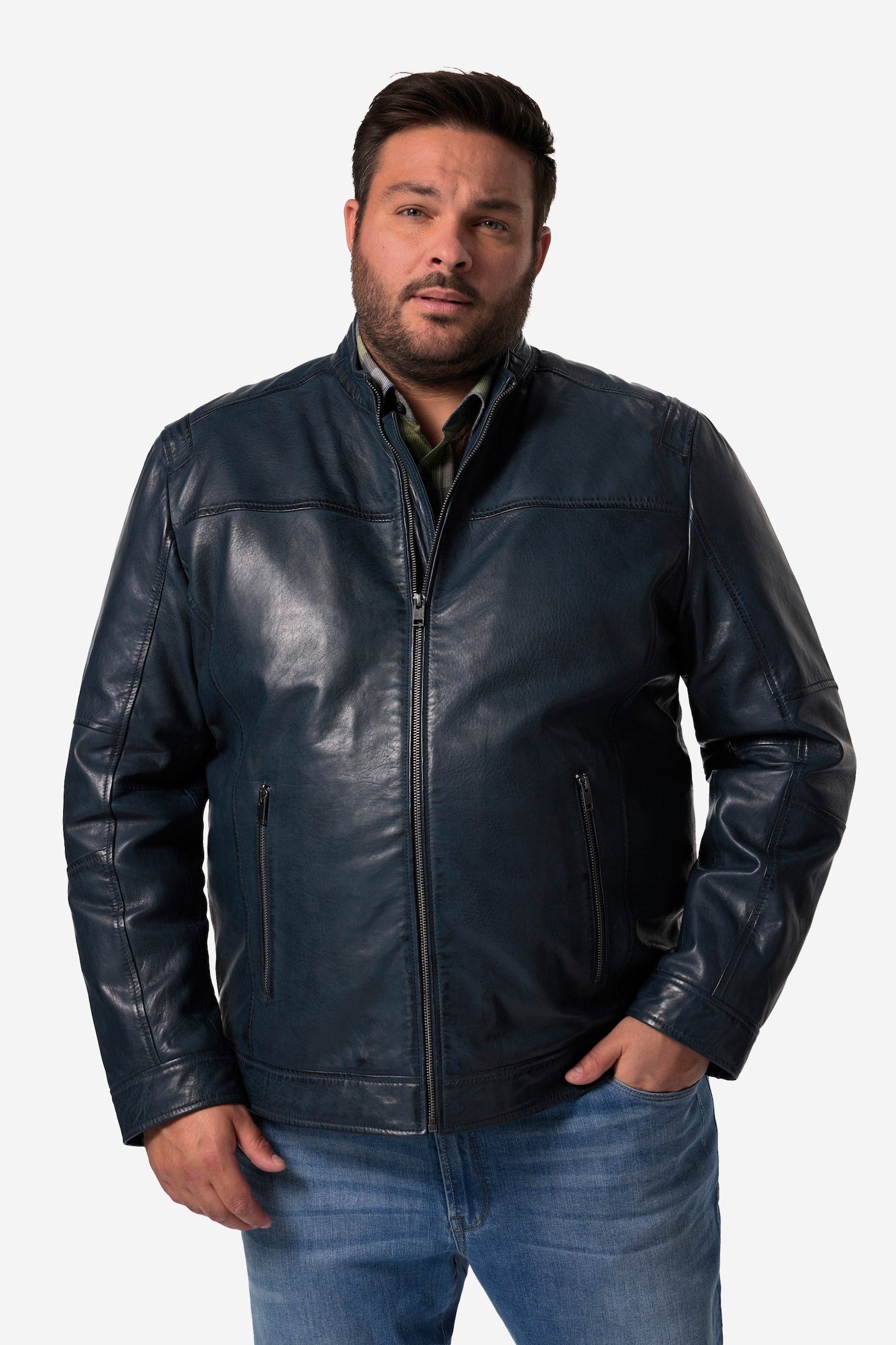 Men's Lamb Nappa Leather Jacket – Real Leather Distressed Navy Stand Collar Jacket (L–7XL)