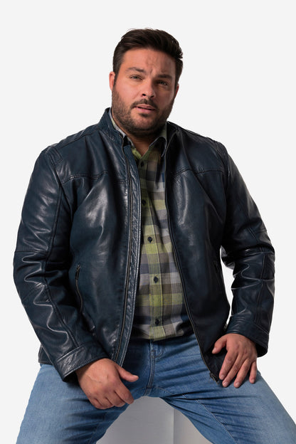 Men's Lamb Nappa Leather Jacket – Real Leather Distressed Navy Stand Collar Jacket (L–7XL)