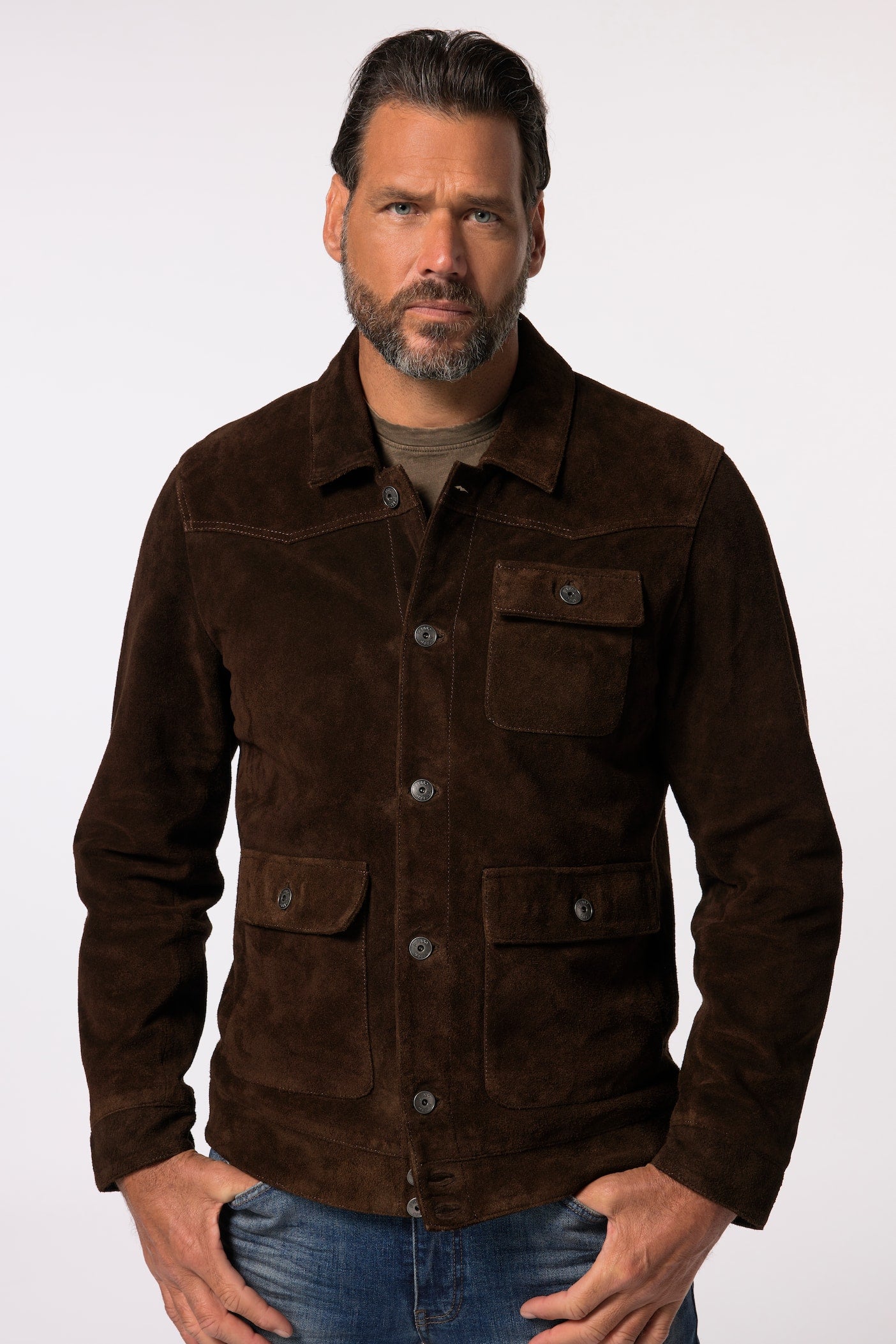 Men's Buffalo Suede Leather Jacket – Real Suede Shirt Collar Trucker Jacket (L–7XL)
