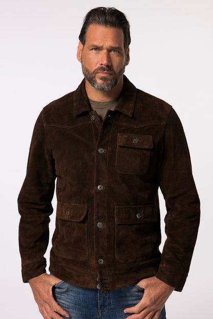 Men's Buffalo Suede Leather Jacket – Real Suede Shirt Collar Trucker Jacket (L–7XL)