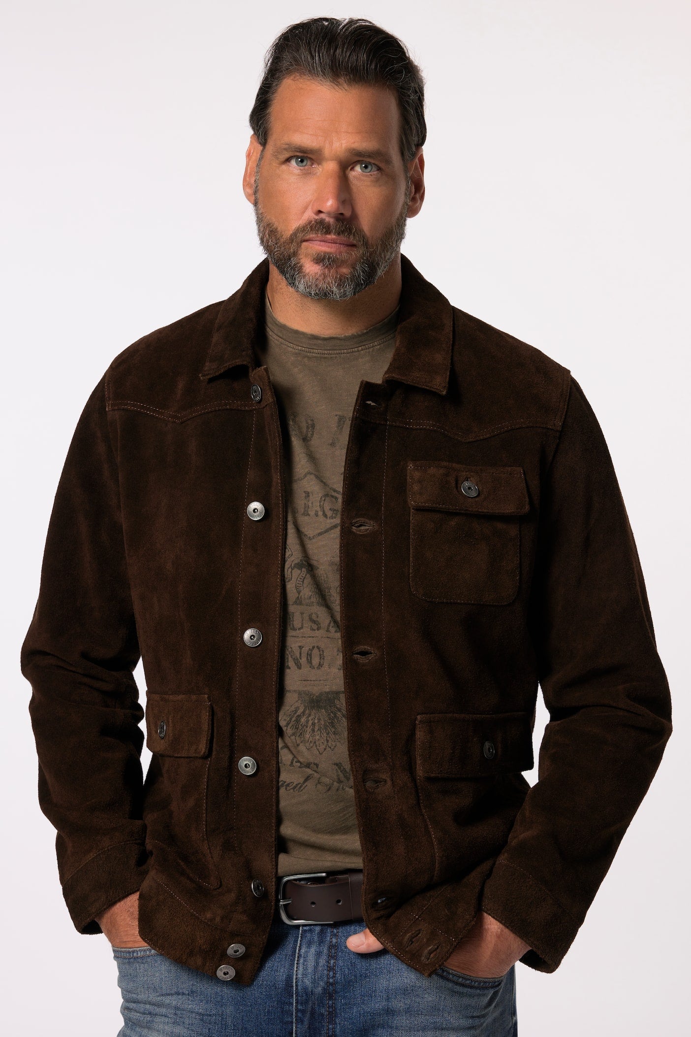 Men's Buffalo Suede Leather Jacket – Real Suede Shirt Collar Trucker Jacket (L–7XL)