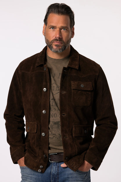 Men's Buffalo Suede Leather Jacket – Real Suede Shirt Collar Trucker Jacket (L–7XL)