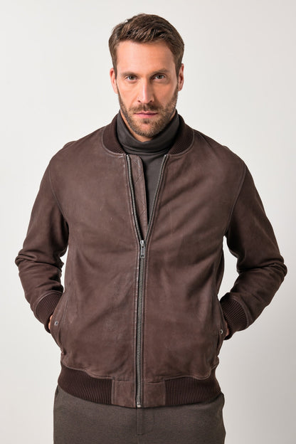 Men's Lamb Nubuck Leather Blouson – Real Nubuck College Collar Bomber Jacket (L–7XL)