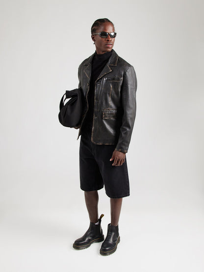 Men's Vintage Leather Blazer Jacket – Distressed Black