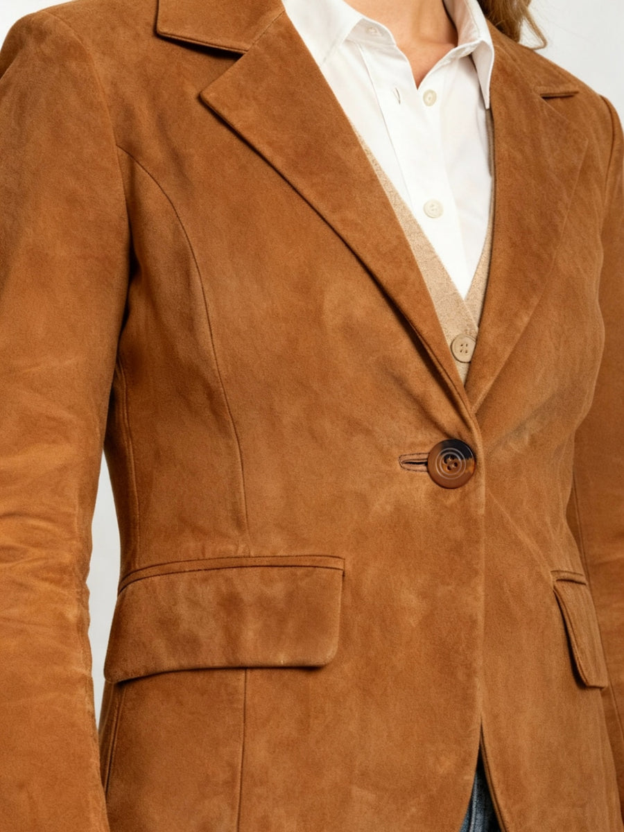Women's Leather Blazer Jacket – Tailored Cognac Single Button