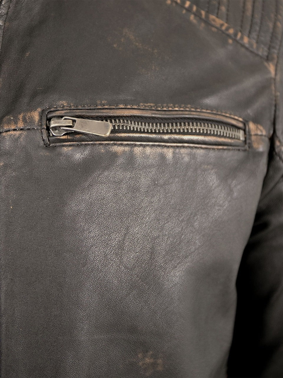 Men's Vintage Leather Racer Jacket with Chest Pockets – Black