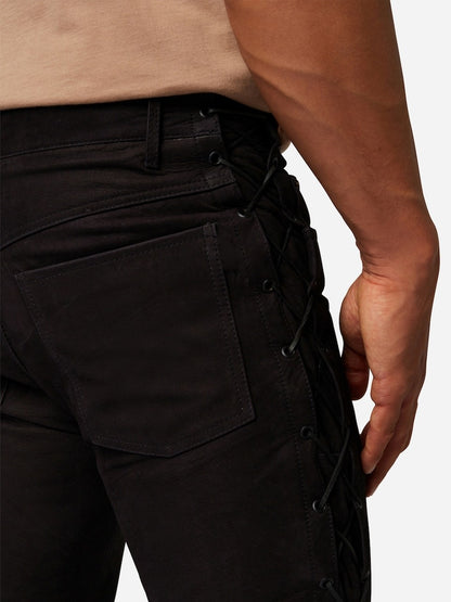 Men's Leather Pants with Laced Side Panels – Slim Fit Black
