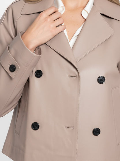 Women's Leather Cropped Peacoat – Black, Beige or Olive Double-Breasted