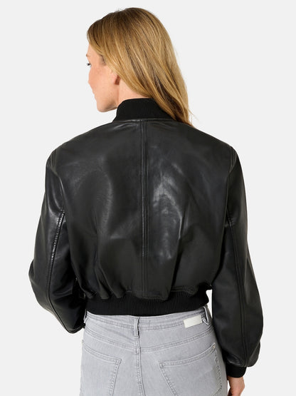Women's Leather Bomber Jacket – Black Cropped Zip Front