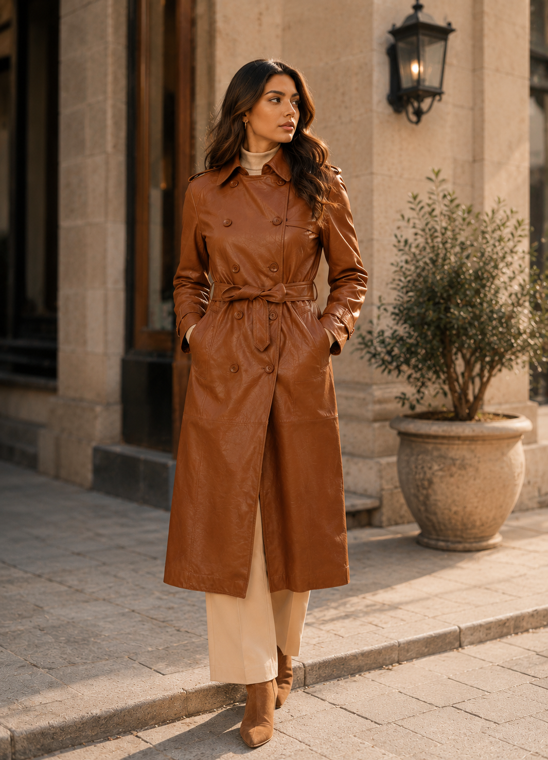 Women’s Longline Sheep Nappa Leather Trench Coat