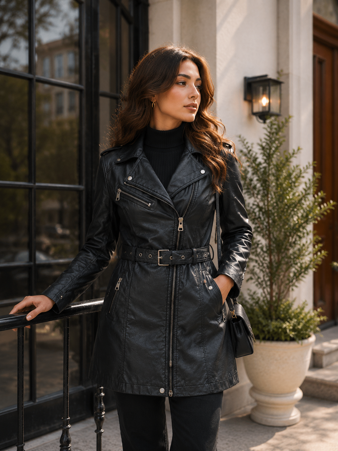 Women’s Sheep Nappa Leather Moto Trench Jacket