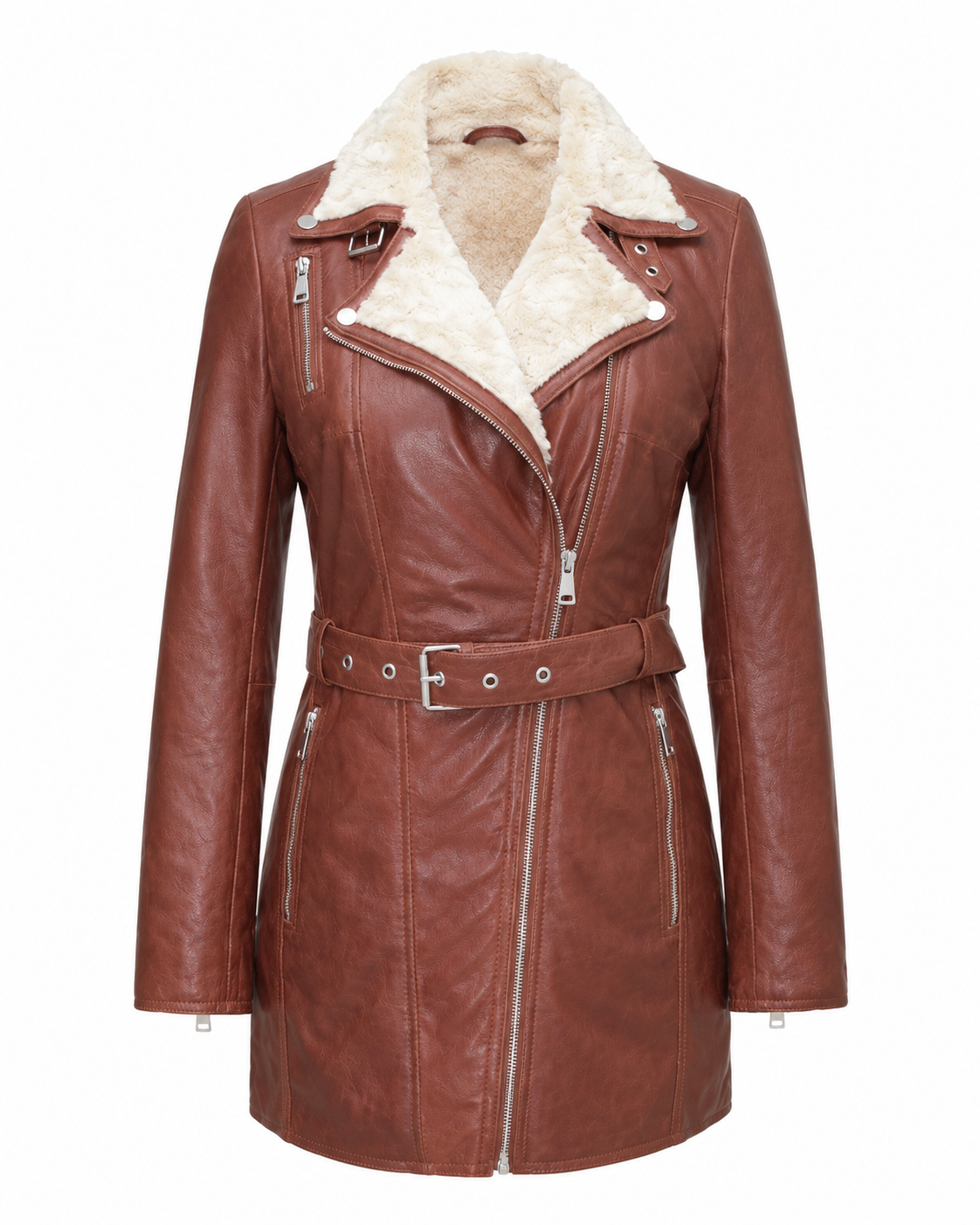 Women’s Shearling-Collar Leather Moto Coat