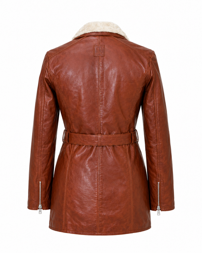 Women’s Shearling-Collar Leather Moto Coat