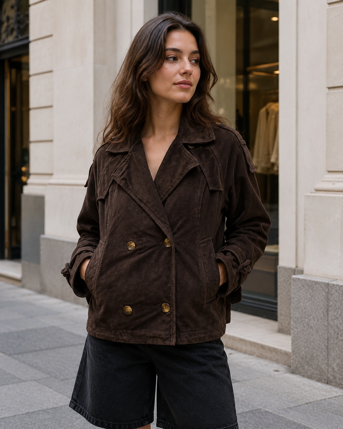 Women’s Cropped Sheep Suede Leather Trench Jacket